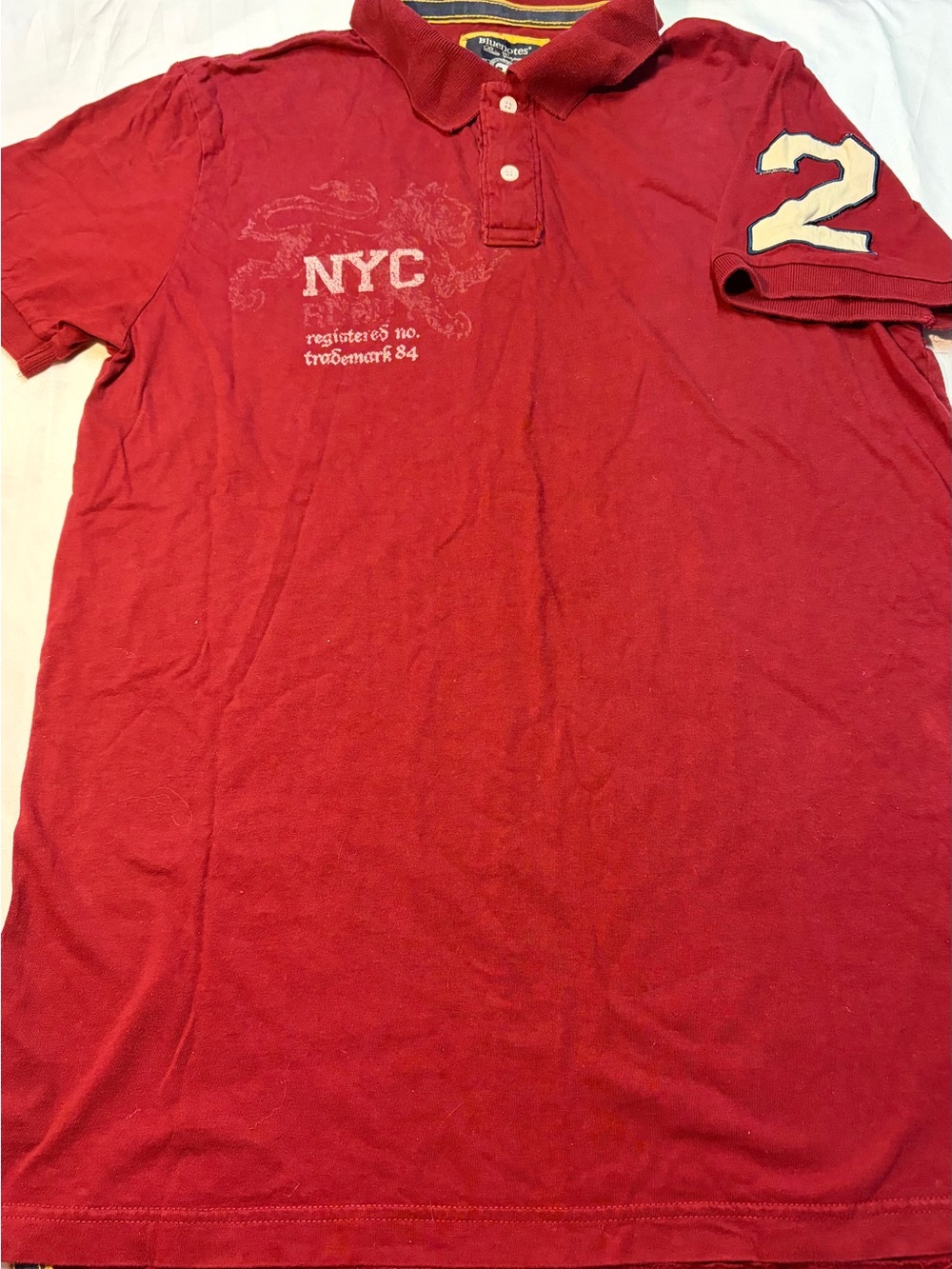 Bluenotes Red Polo with NYC Chest Graphic and Cream Sleeve Patch